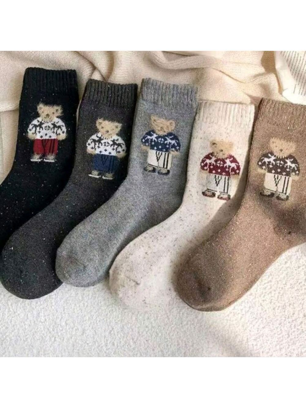 New 5 Pairs Autumn/Winter Warm Cute Bear Mid-Calf Socks - Picture 2 of 2
